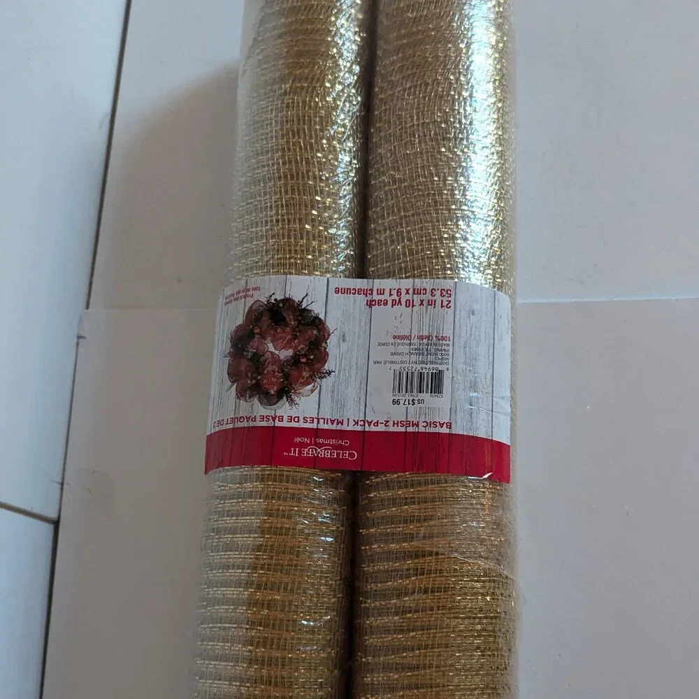 NWT 2 Large Gold Mesh Christmas Wreath Rolls Holiday Crafts Decor Celebrate It